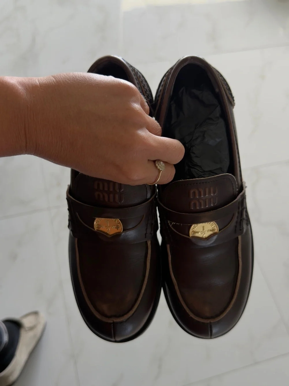 Miu Miu Dark Brown Leather Loafers with Gold Crest % AUTHENTIC